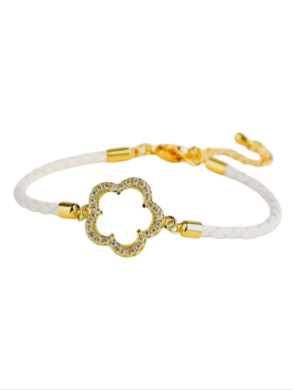 NEW Shiny Zircon Five Leaf Leather Woven Bracelet